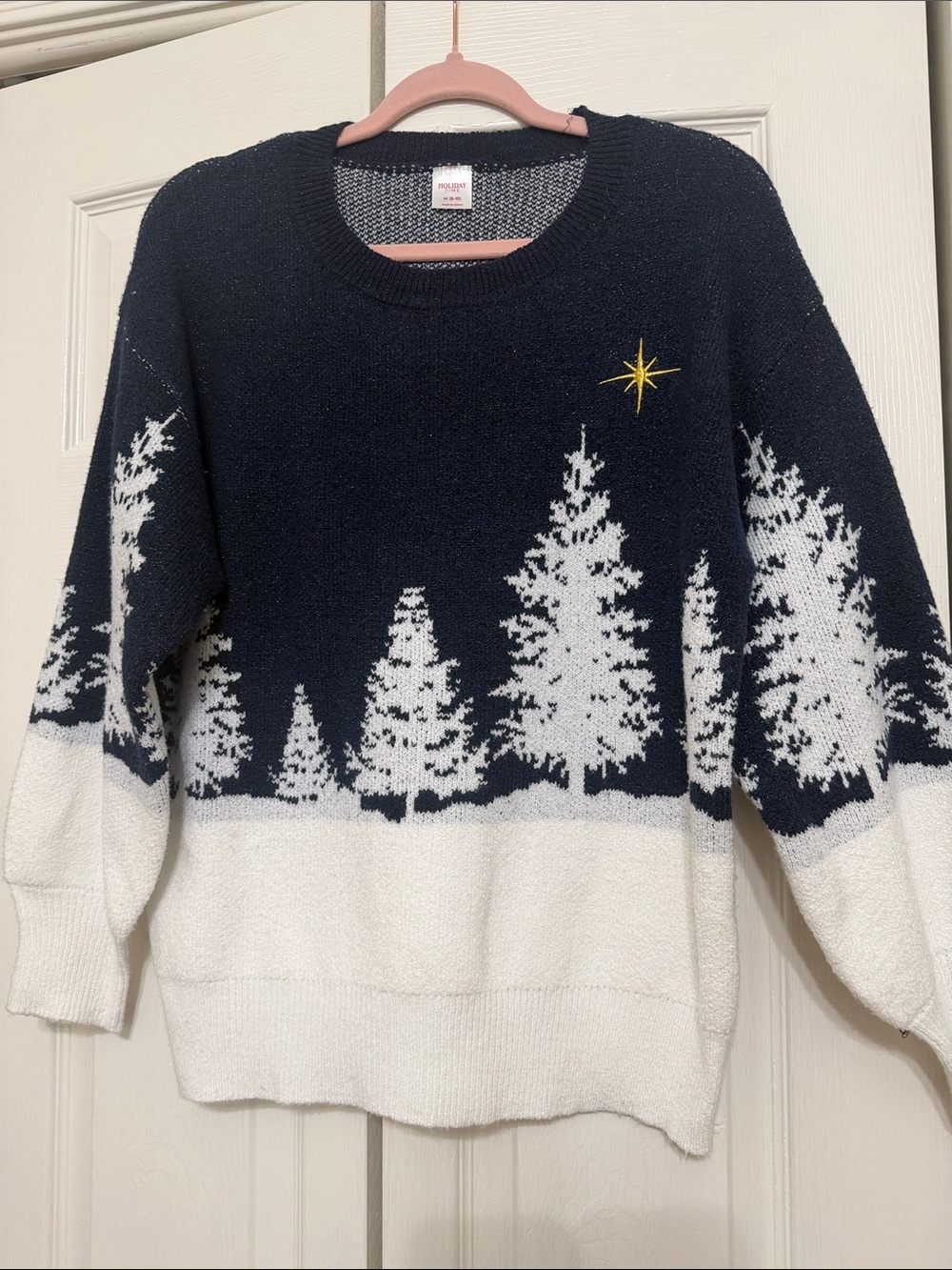 Holiday Time Navy and White Christmas Tree Crewneck Sweater with Gold Star